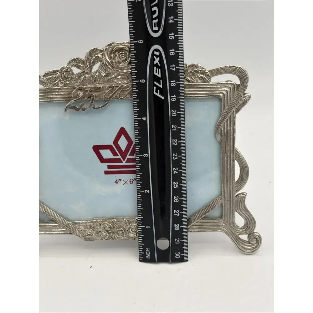 25th Anniversary Picture Frame Extra Fine Pewter 4x6” Ornate Silver Art Deco